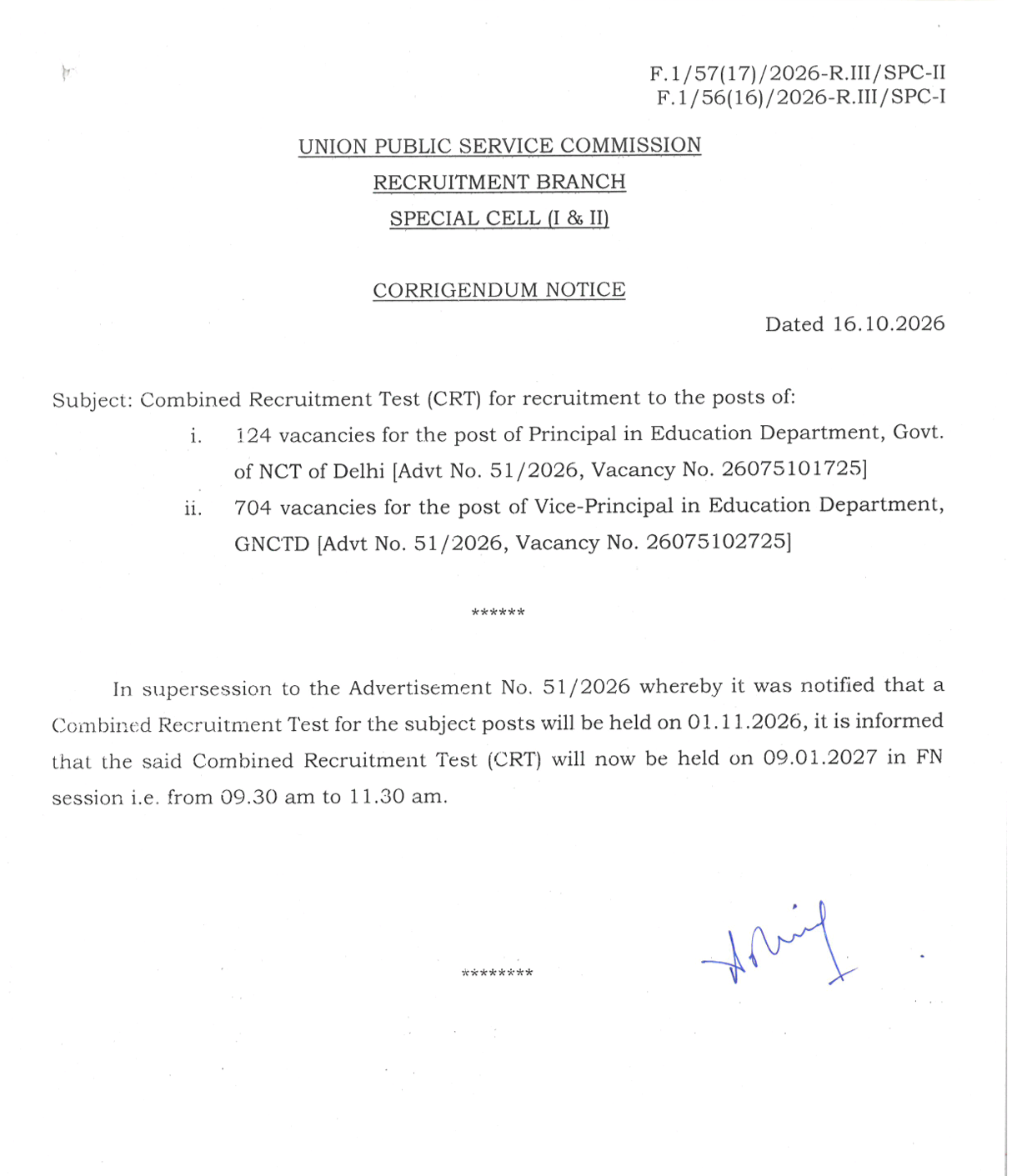UPSC Principal and Vice Principal Exam Date Now 9 Jan 2027